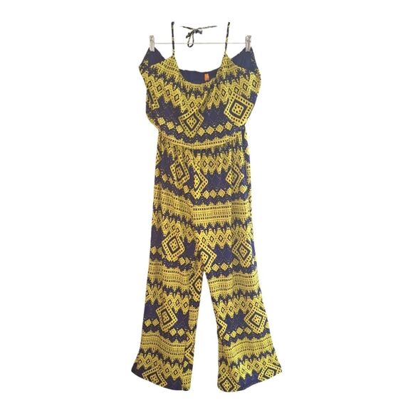 Slinky Palazzo Jumpsuit Blouson Halter Strap Bright Yellow and Blue Pull On XL - Picture 1 of 15